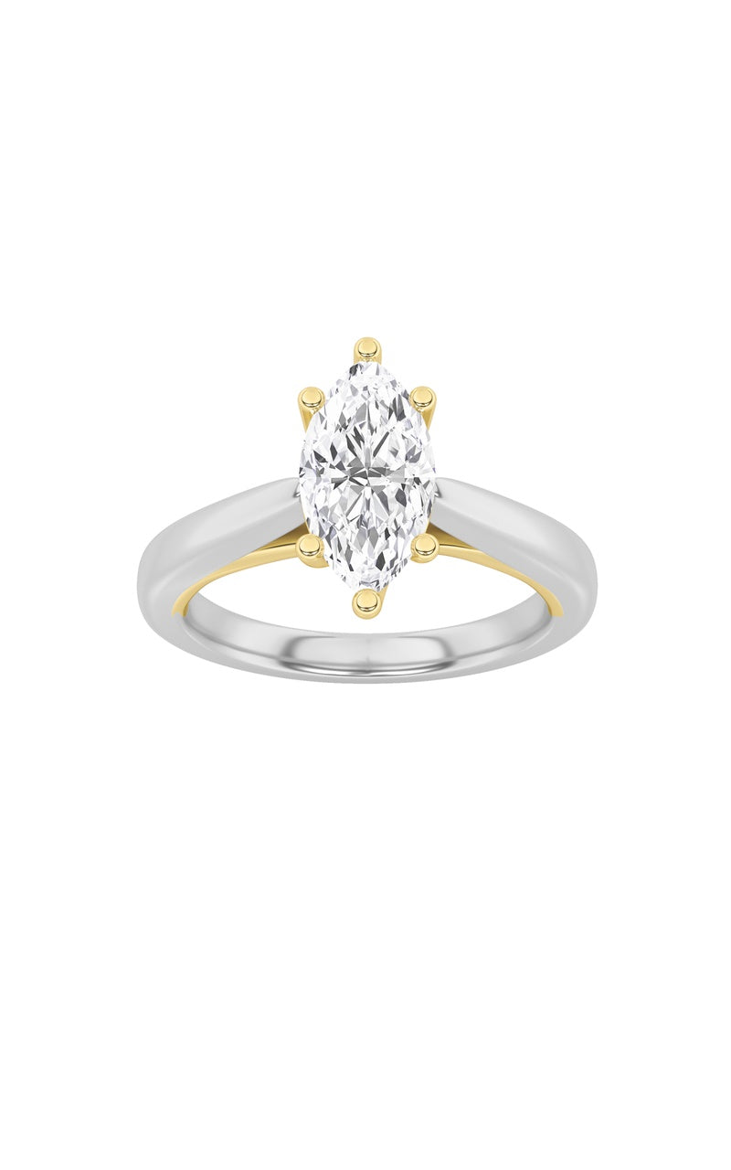 1Cttw Marquise Shaped Lab Grown Diamond (F/VS) TwoTone Six Prong Engagement Ring in 14K Gold