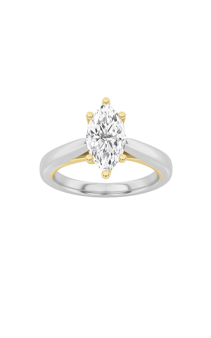 1Cttw Marquise Shaped Lab Grown Diamond (F/VS) TwoTone Six Prong Engagement Ring in 14K Gold
