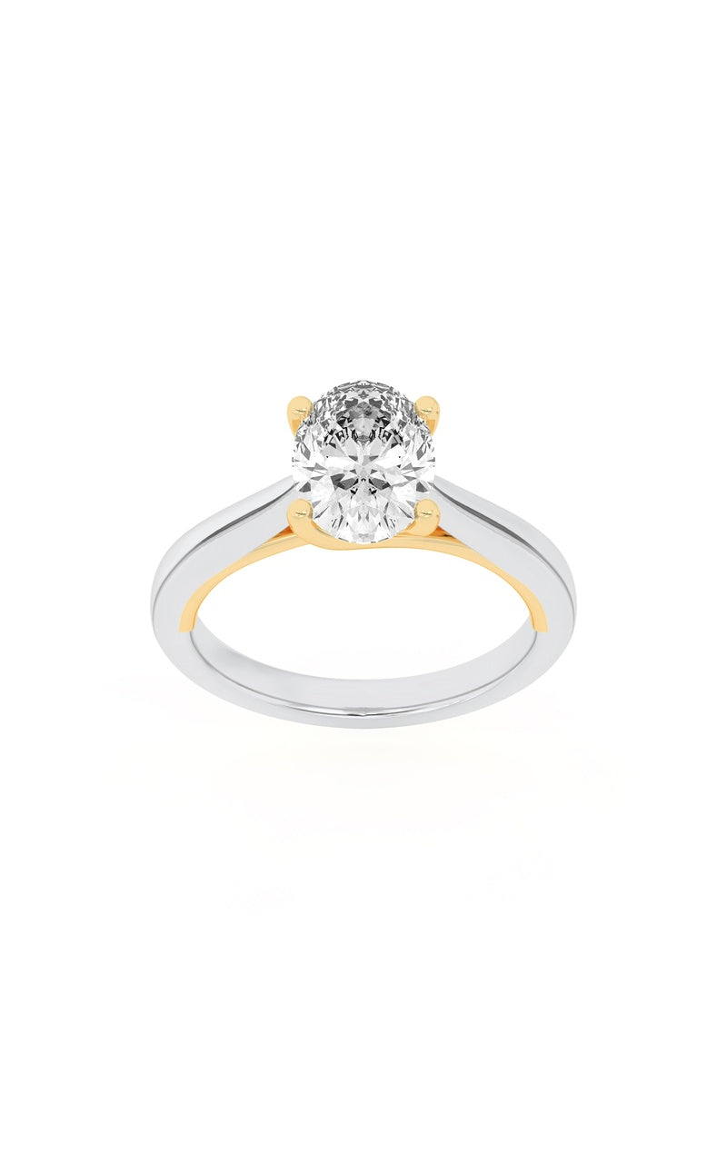 1Cttw Oval Shaped Lab Grown Diamond (F/VS) Two Tone Cathedral Shank Engagement Ring in 14K Gold