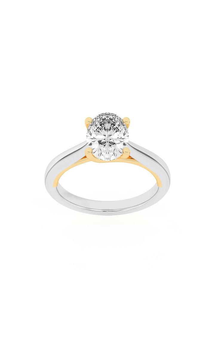 2Cttw Oval Shaped Lab Grown Diamond (F/VS) Two Tone Cathedral Shank Engagement Ring in 14K Gold