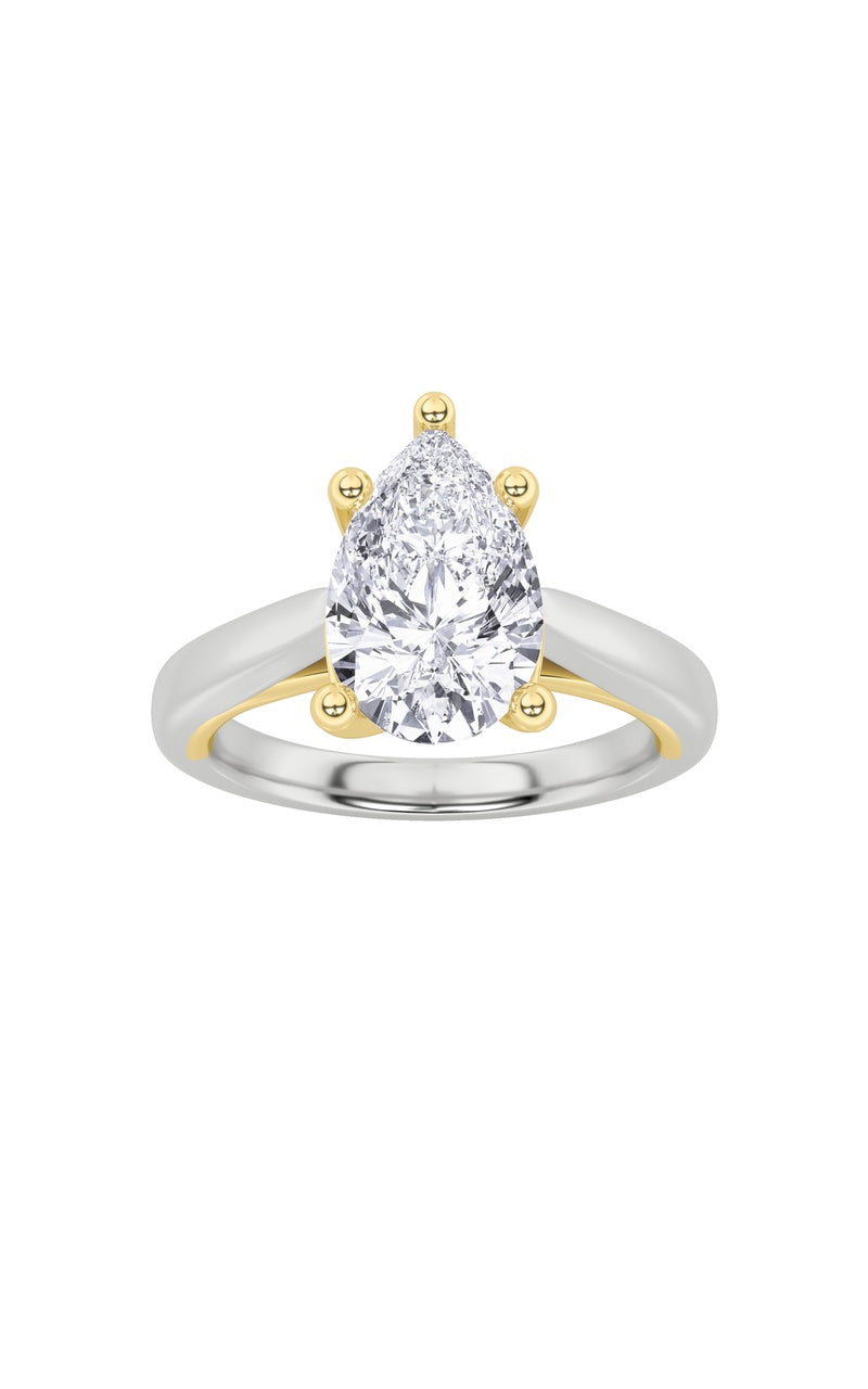 2Cttw Pear Shaped Lab Grown Diamond (F/VS) Two Tone Cathedral Shank Engagement Ring in 14K Gold