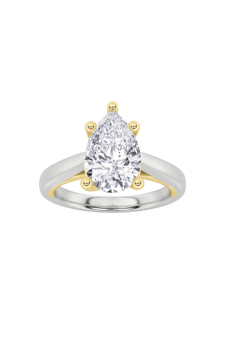 2Cttw Pear Shaped Lab Grown Diamond (F/VS) Two Tone Cathedral Shank Engagement Ring in 14K Gold