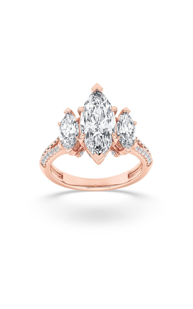 4CTW Marquise Shaped Lab Grown Diamond (G/VS) Three Stone Accented Engagement Ring in 14K Gold