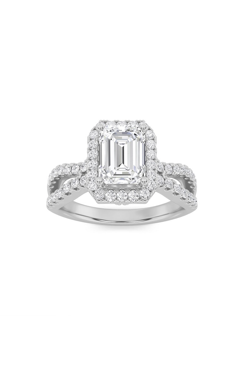 2Cttw Emerald Shaped Lab Grown Diamond (G/VS) Split Shank Halo Accented Engagement Ring in 14K Gold