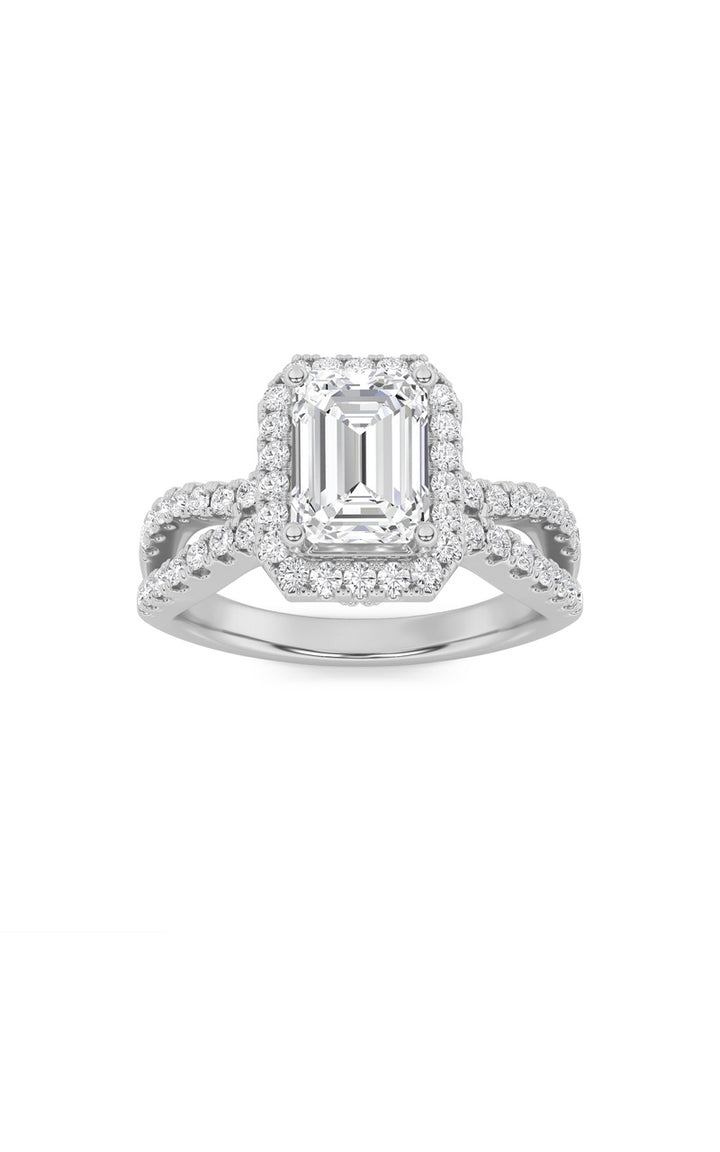 2Cttw Emerald Shaped Lab Grown Diamond (G/VS) Split Shank Halo Accented Engagement Ring in 14K Gold