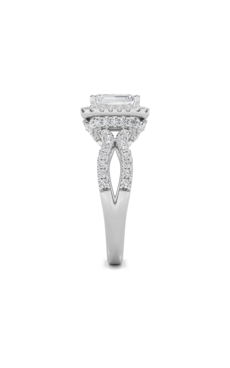2Cttw Emerald Shaped Lab Grown Diamond (G/VS) Split Shank Halo Accented Engagement Ring in 14K Gold