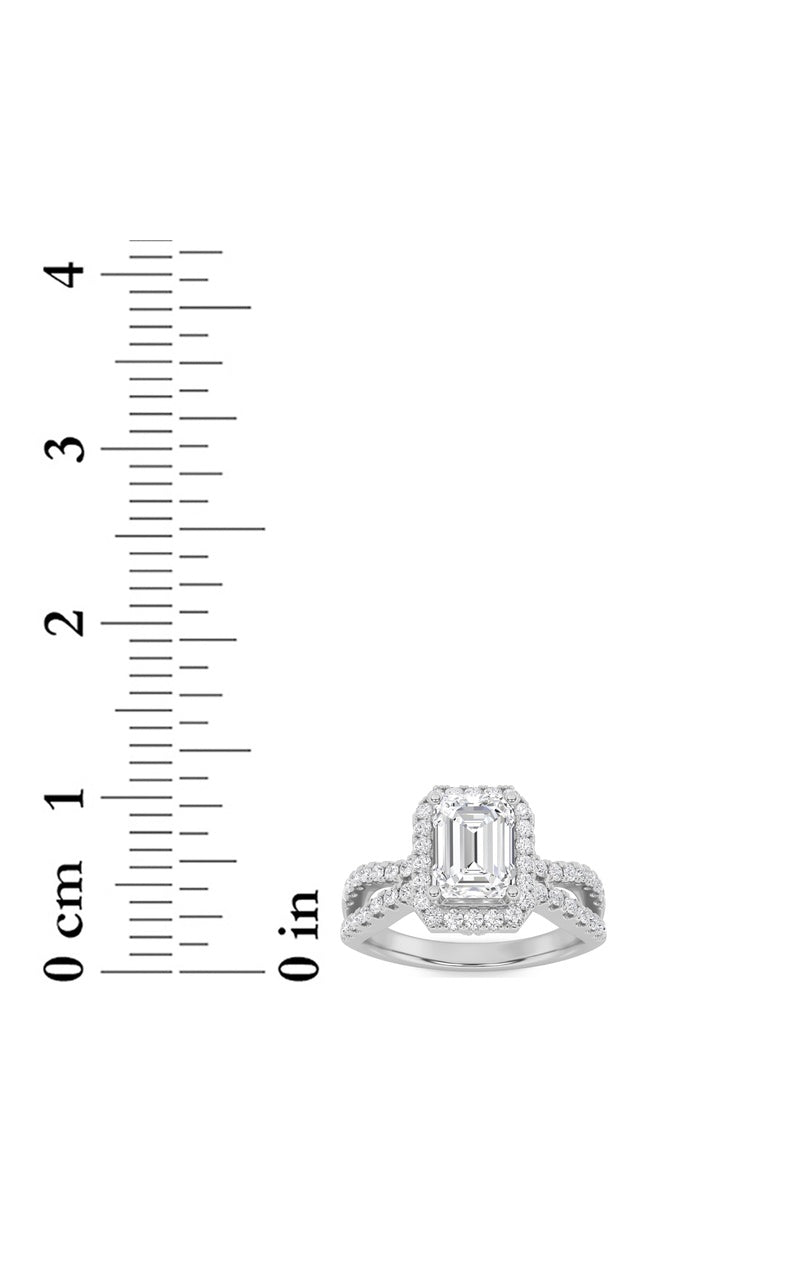 2CTW Emerald Shaped Lab Grown Diamond (G/VS) Split Shank Halo Accented Engagement Ring in 14K Gold