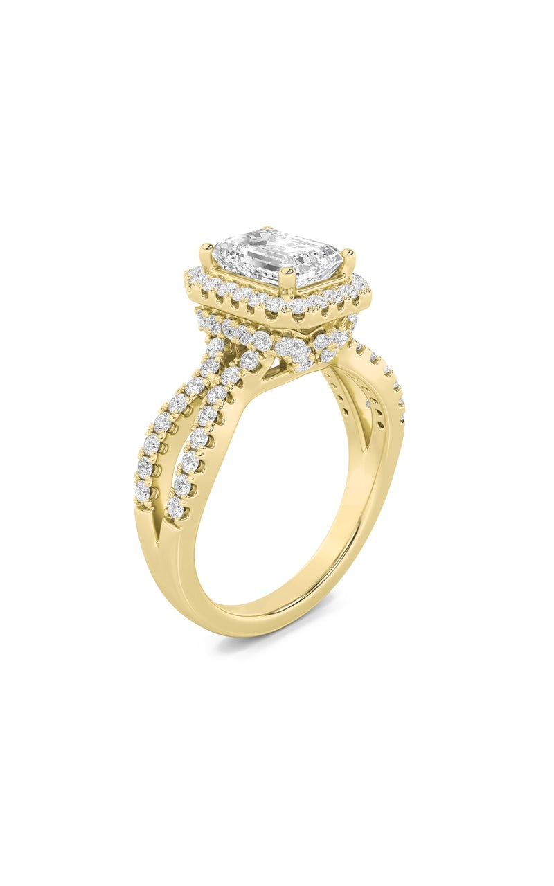 2CTW Emerald Shaped Lab Grown Diamond (G/VS) Split Shank Halo Accented Engagement Ring in 14K Gold