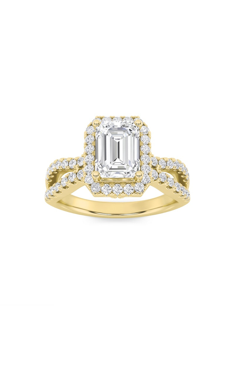 2CTW Emerald Shaped Lab Grown Diamond (G/VS) Split Shank Halo Accented Engagement Ring in 14K Gold