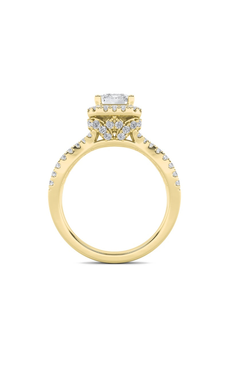 2Cttw Emerald Shaped Lab Grown Diamond (G/VS) Split Shank Halo Accented Engagement Ring in 14K Gold