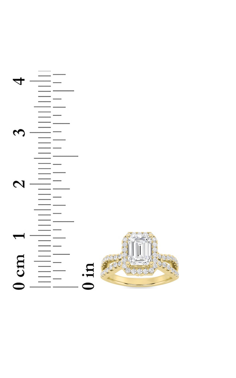 2Cttw Emerald Shaped Lab Grown Diamond (G/VS) Split Shank Halo Accented Engagement Ring in 14K Gold