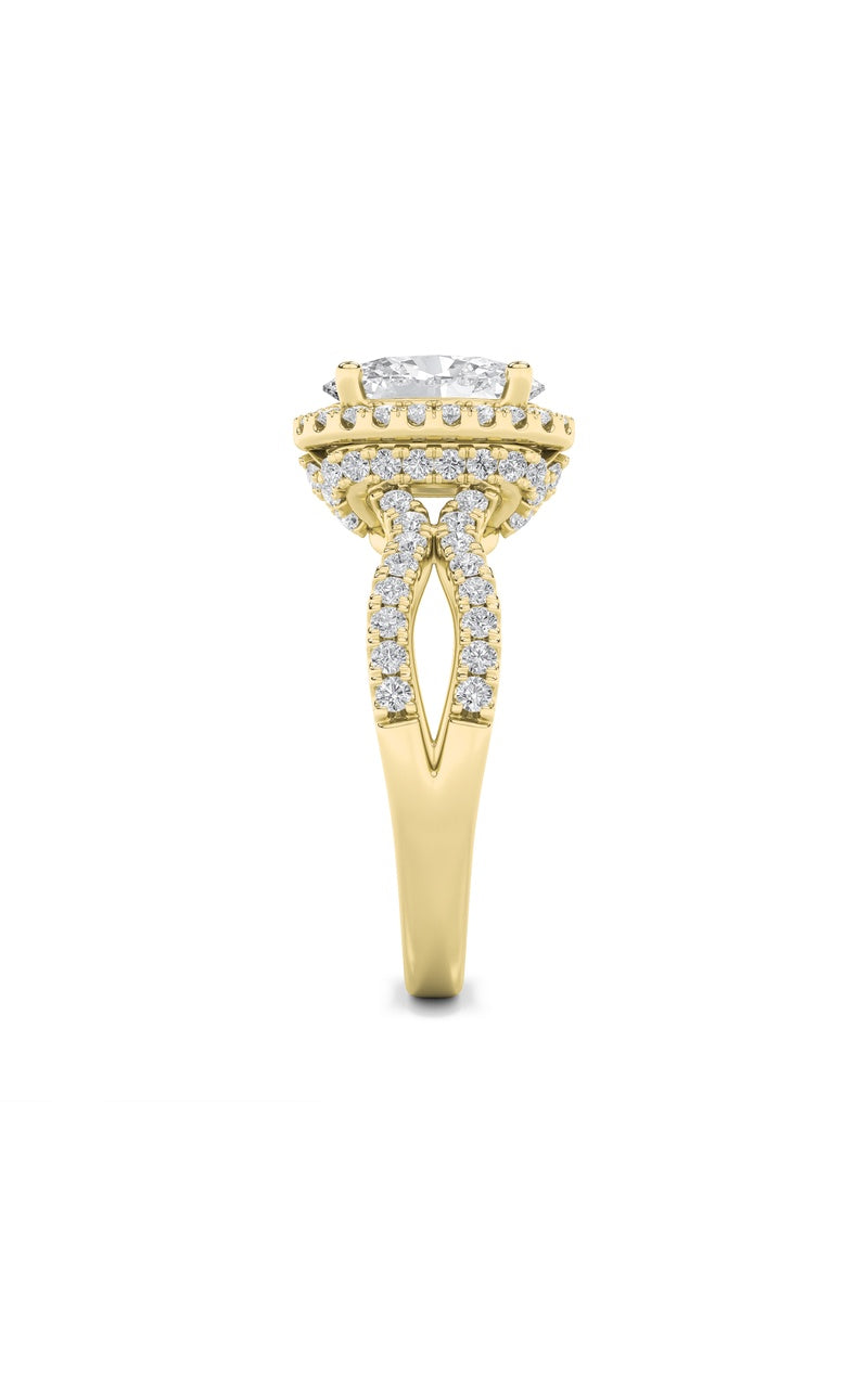 2CTW Oval Shaped Lab Grown Diamond (F/VS) Split Shank Halo Accented Engagement Ring in 14K Gold
