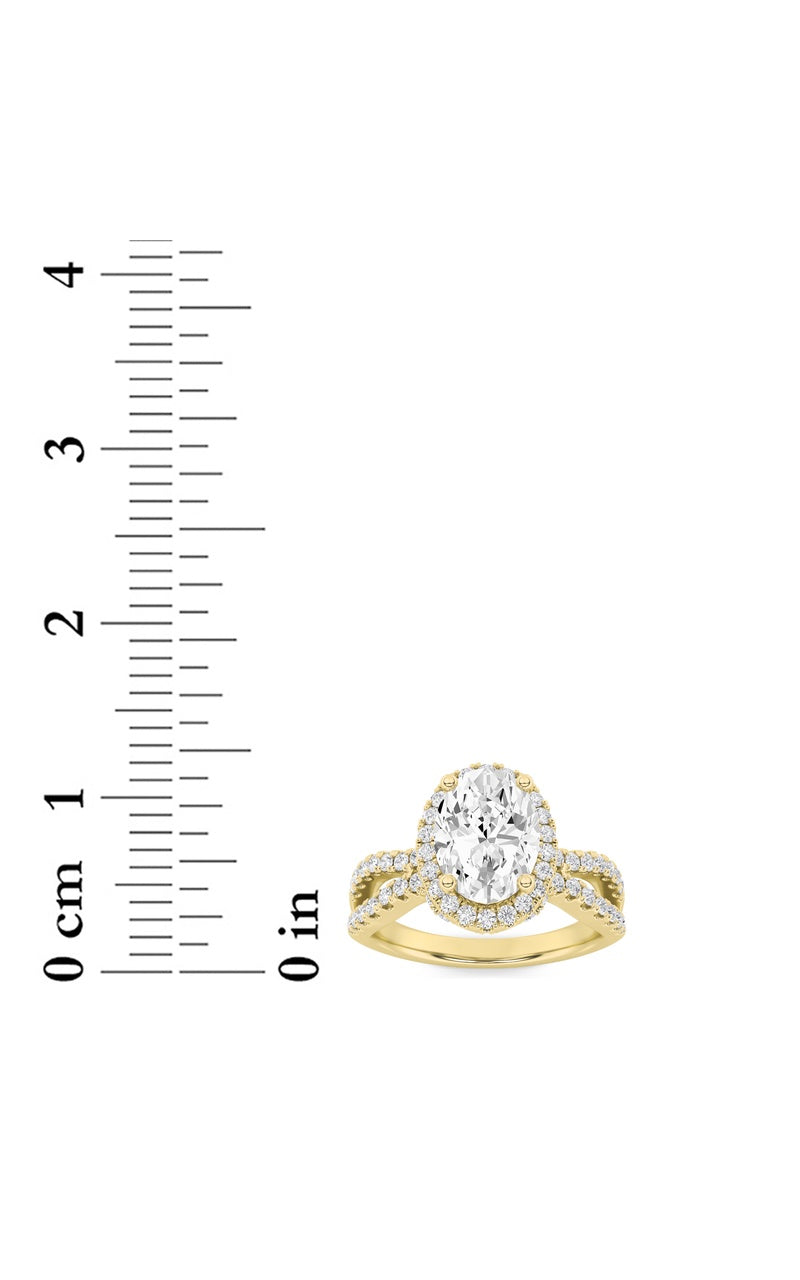 2CTW Oval Shaped Lab Grown Diamond (F/VS) Split Shank Halo Accented Engagement Ring in 14K Gold