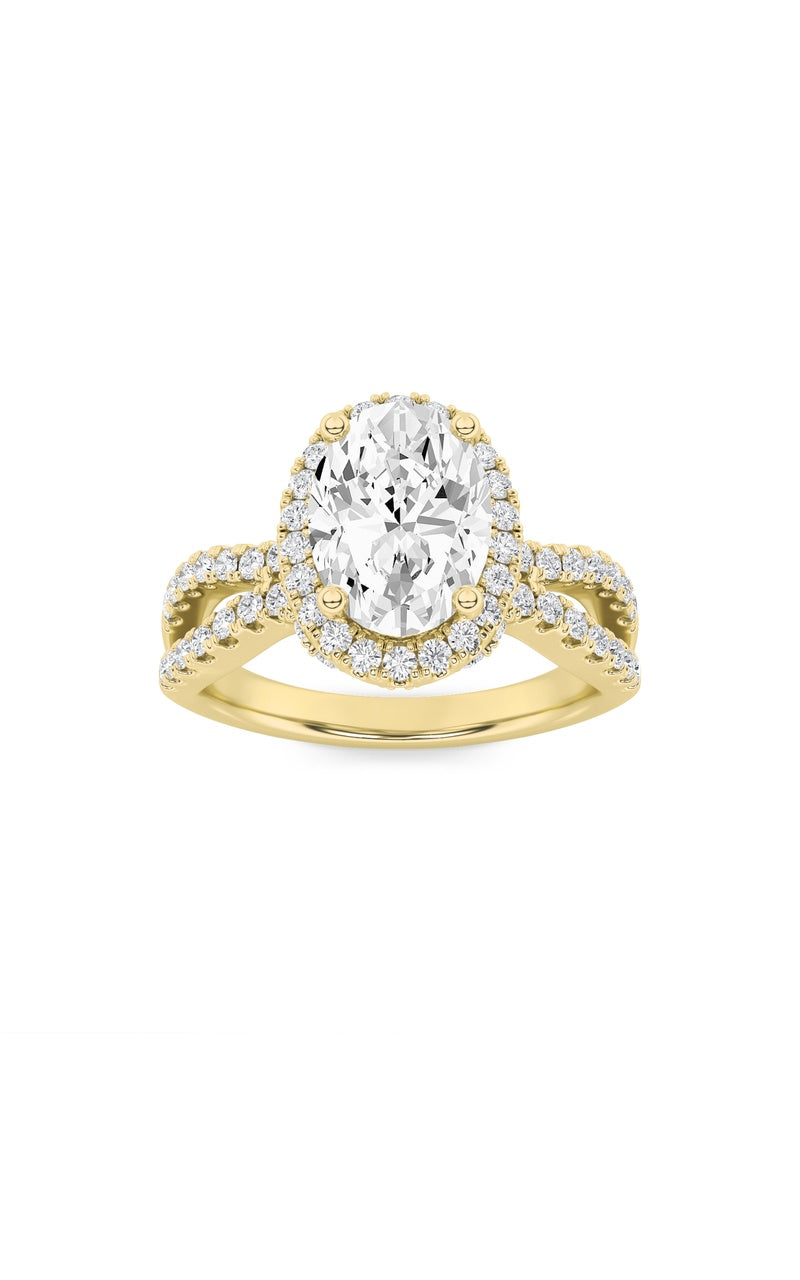 2Cttw Oval Shaped Lab Grown Diamond (F/VS) Split Shank Halo Accented Engagement Ring in 14K Gold