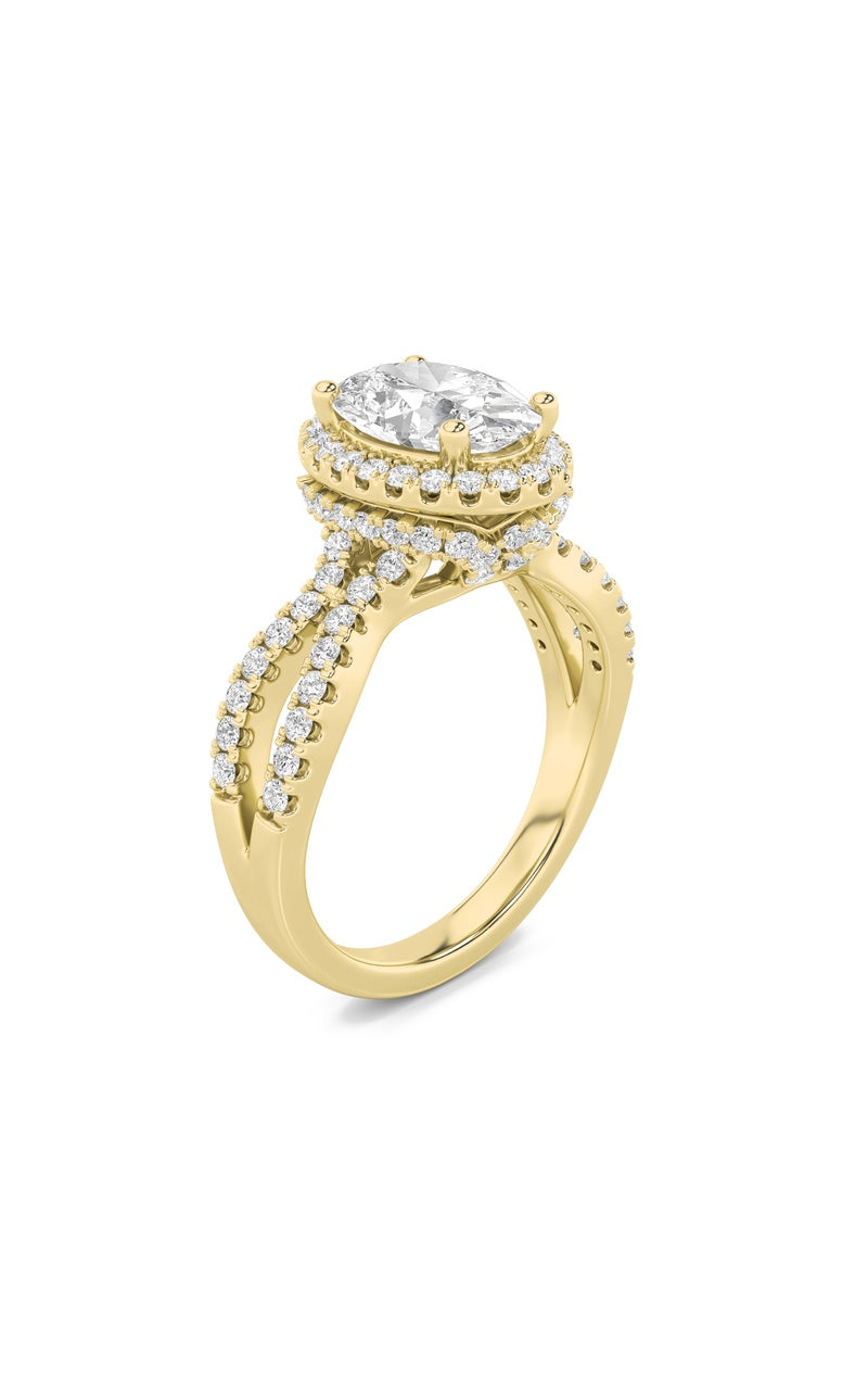 2CTW Oval Shaped Lab Grown Diamond (F/VS) Split Shank Halo Accented Engagement Ring in 14K Gold