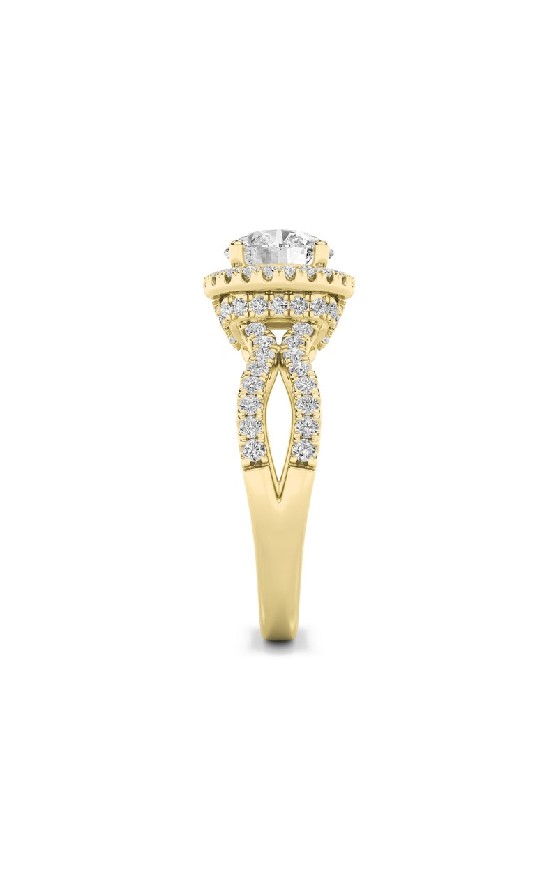 2Cttw Round Shaped Lab Grown Diamond (F/VS) SplitShank Halo Accented Engagement Ring in 14K Gold