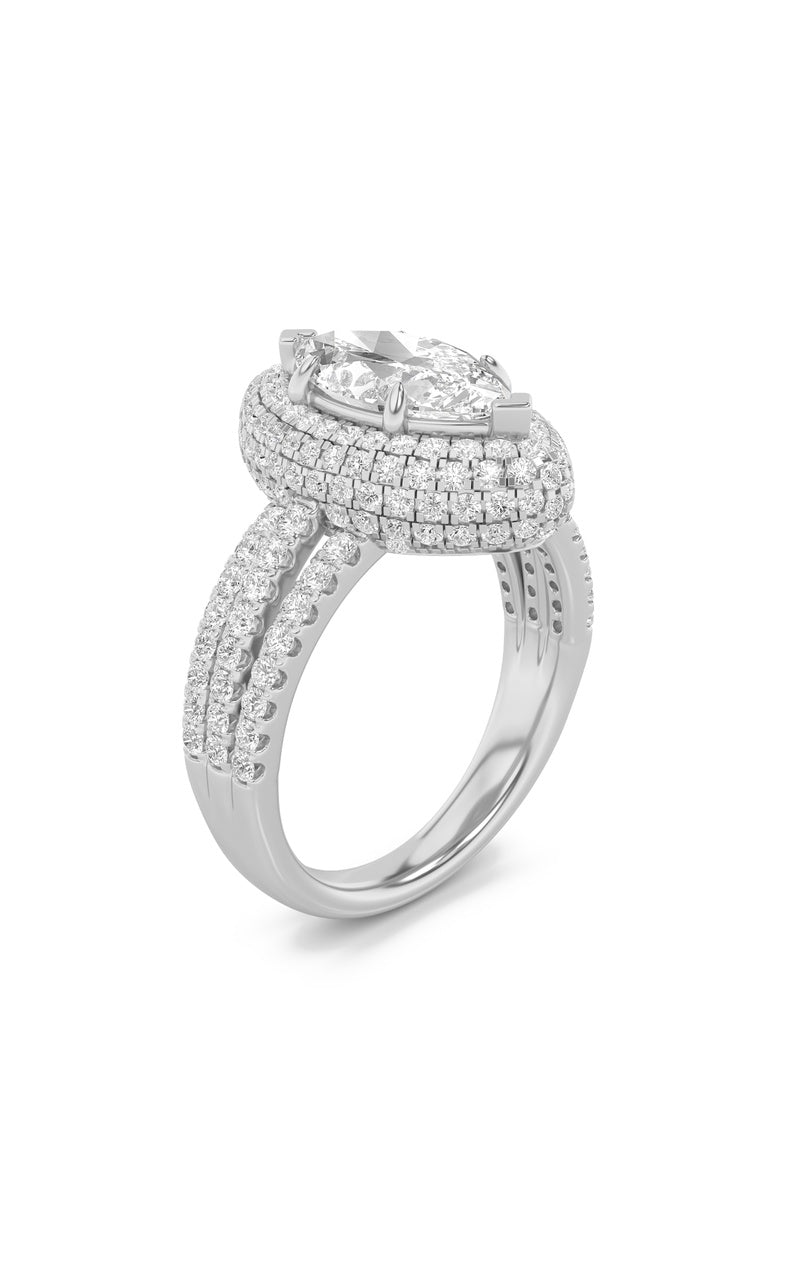 3CTW Marquise Shaped Lab Grown Diamond (F/VS) Three Row Accented Halo Engagement Ring in 14K Gold
