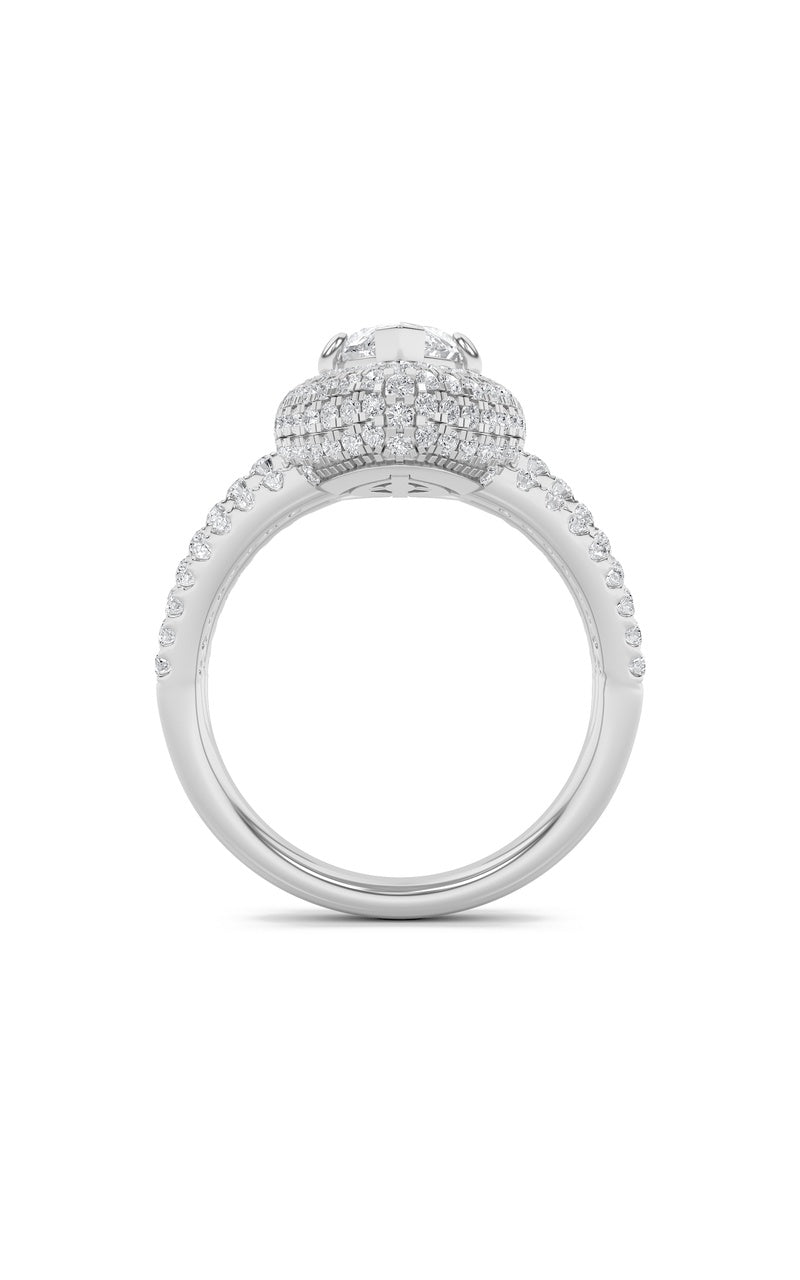 3Cttw Marquise Shaped Lab Grown Diamond (F/VS) Three Row Accented Halo Engagement Ring in 14K Gold