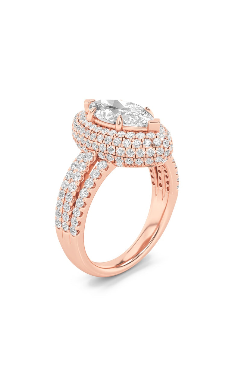 3CTW Marquise Shaped Lab Grown Diamond (F/VS) Three Row Accented Halo Engagement Ring in 14K Gold