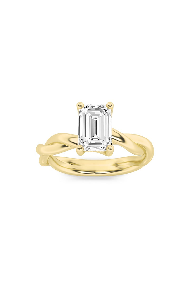 3CTW Emerald Shaped Lab Grown Diamond (F/VS) Twisted Shank Solitaire Engagement Ring in 14K Gold