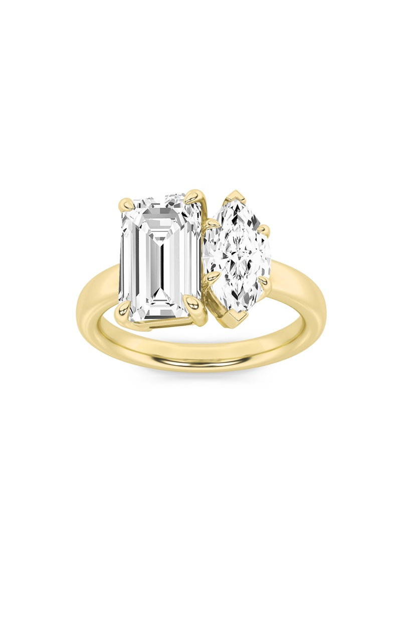 3CTW Emerald Shaped Lab Grown Diamond (F/VS) Toi et Moi Engagement Ring in 14K Gold, 14K Yellow Gold