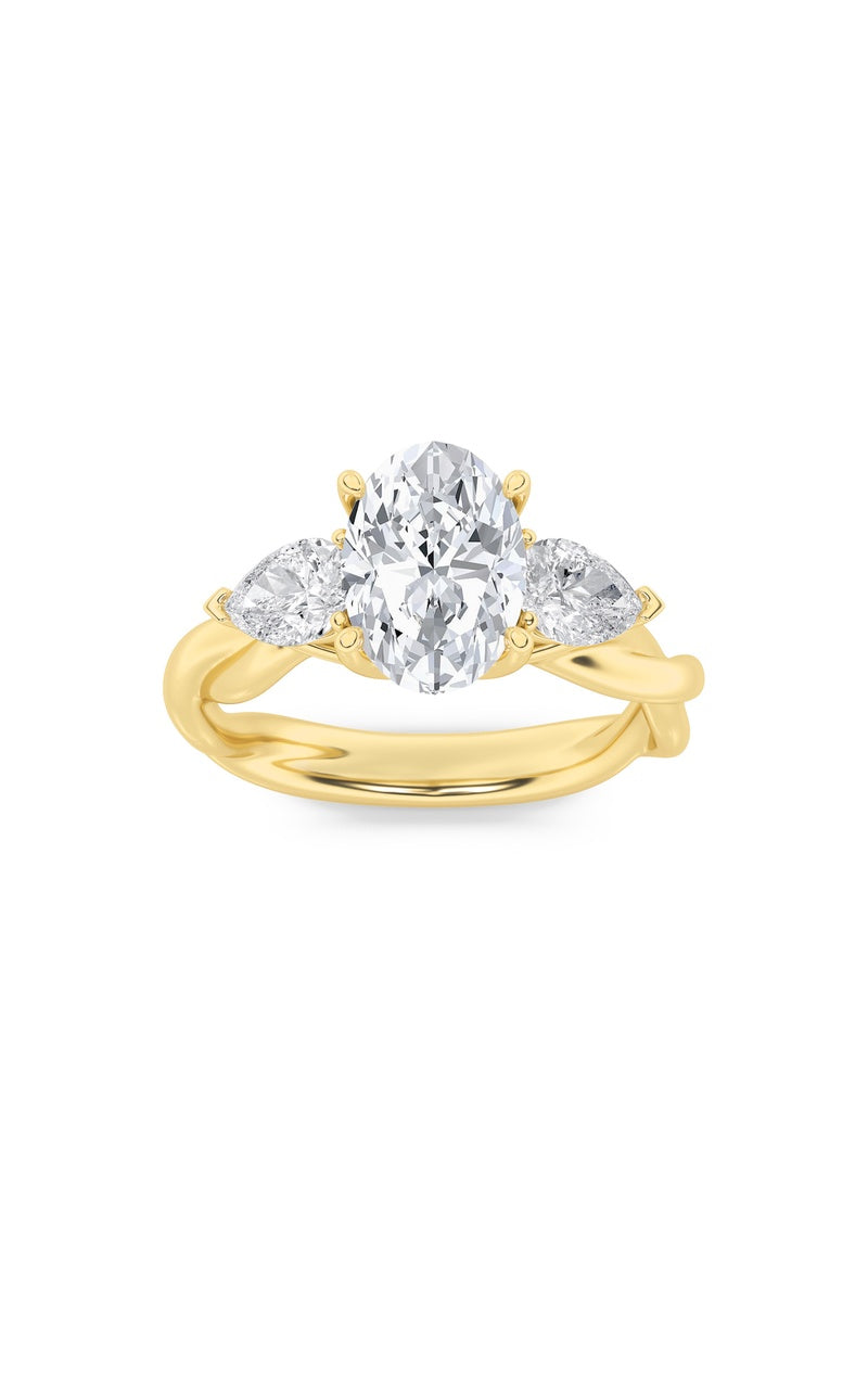 2CTW Oval Shaped Lab Grown Diamond (F/VS) Three Stone Twisted Band Engagement Ring in 14K Gold, 14K Yellow Gold