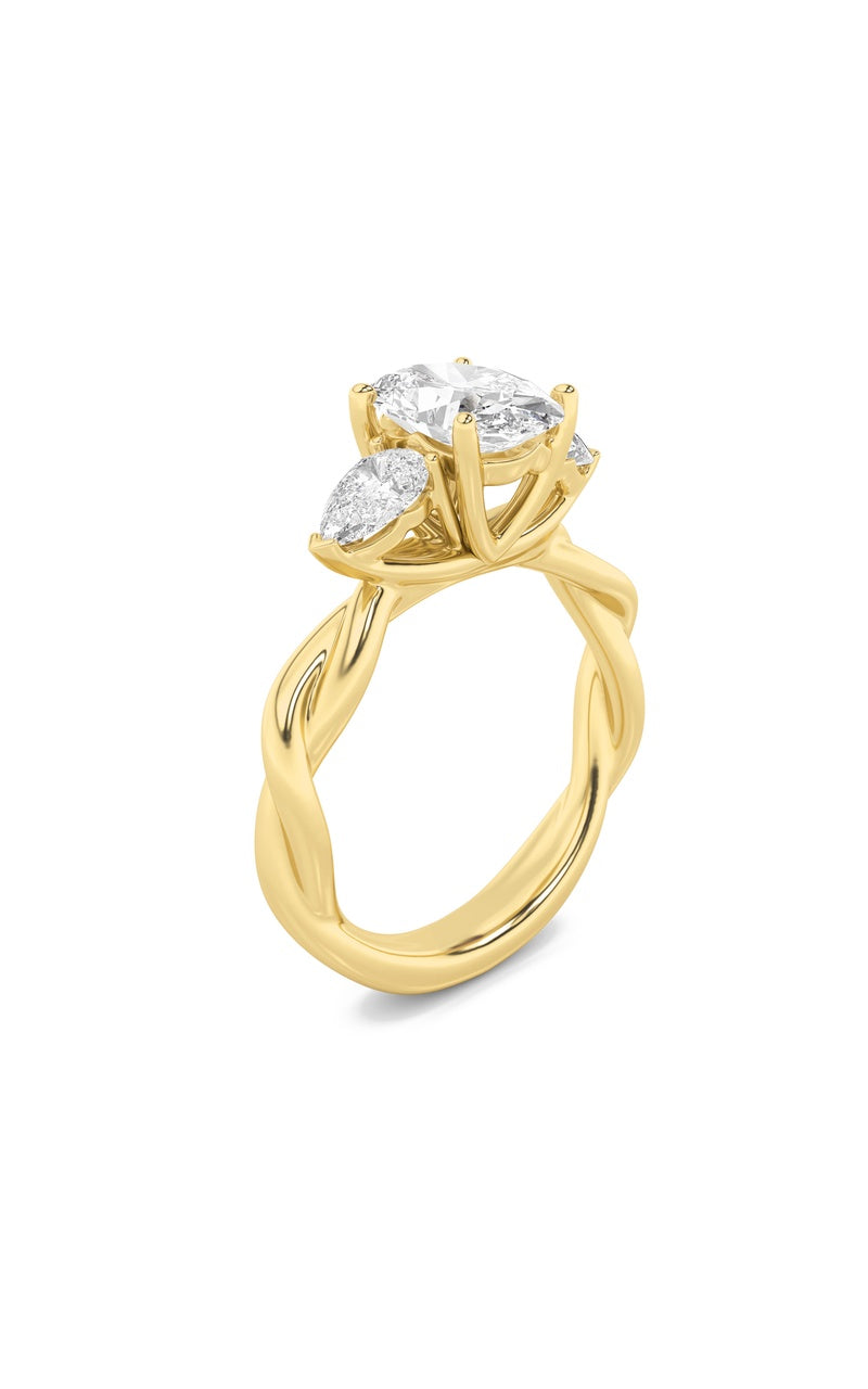 2CTW Oval Shaped Lab Grown Diamond (F/VS) Three Stone Twisted Band Engagement Ring in 14K Gold, 14K Yellow Gold