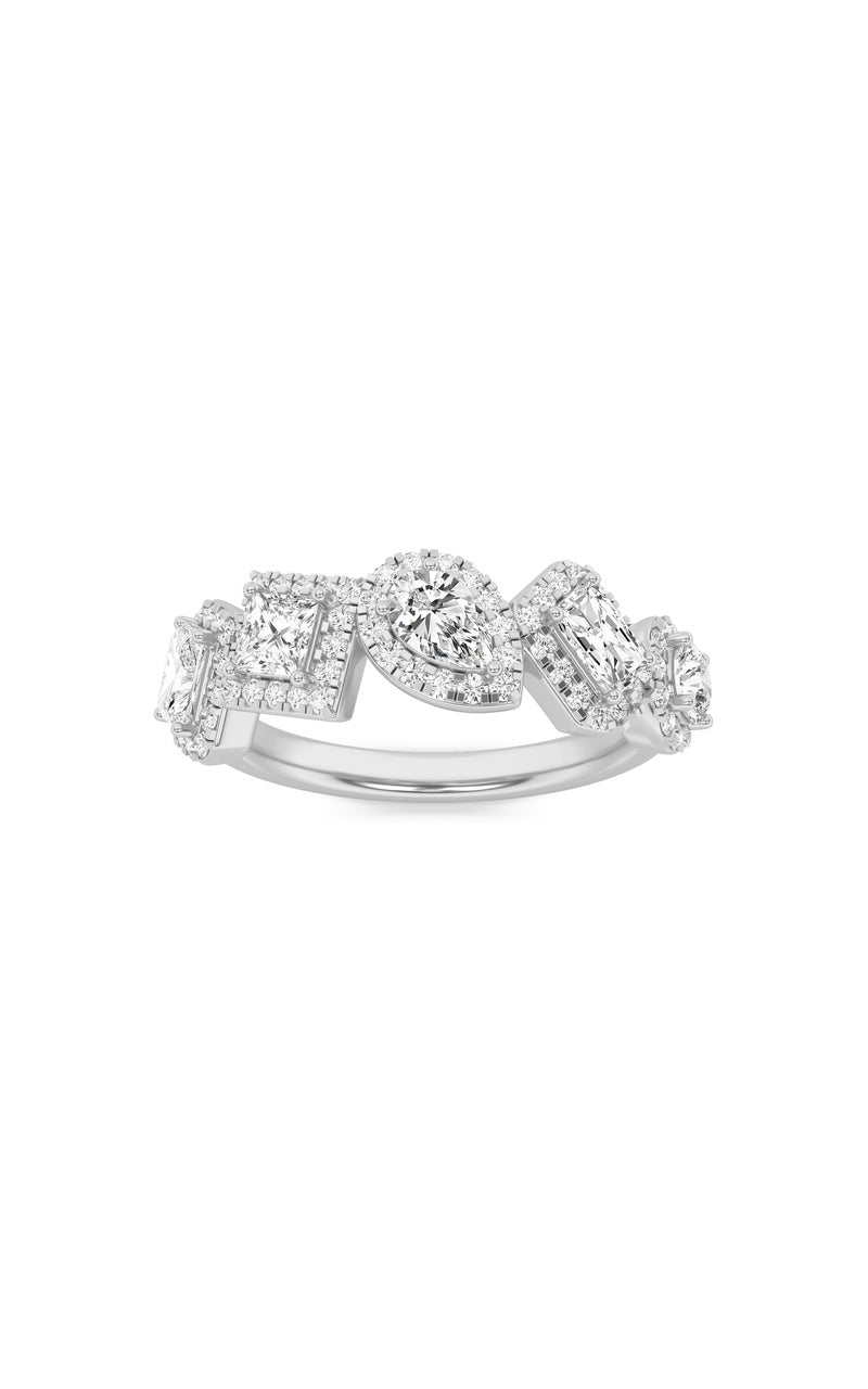 1.33CTW Mix Shaped Lab Grown Diamond (F/VS) Five StoneHalo Fashion Ring in 14K Gold