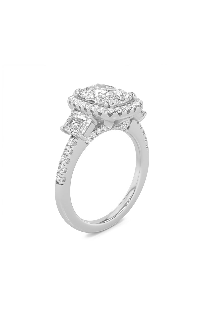3Cttw Elongated Cushion Shaped Lab Grown Diamond (F/VVS) Accented Three Stone Ring in 14K Gold