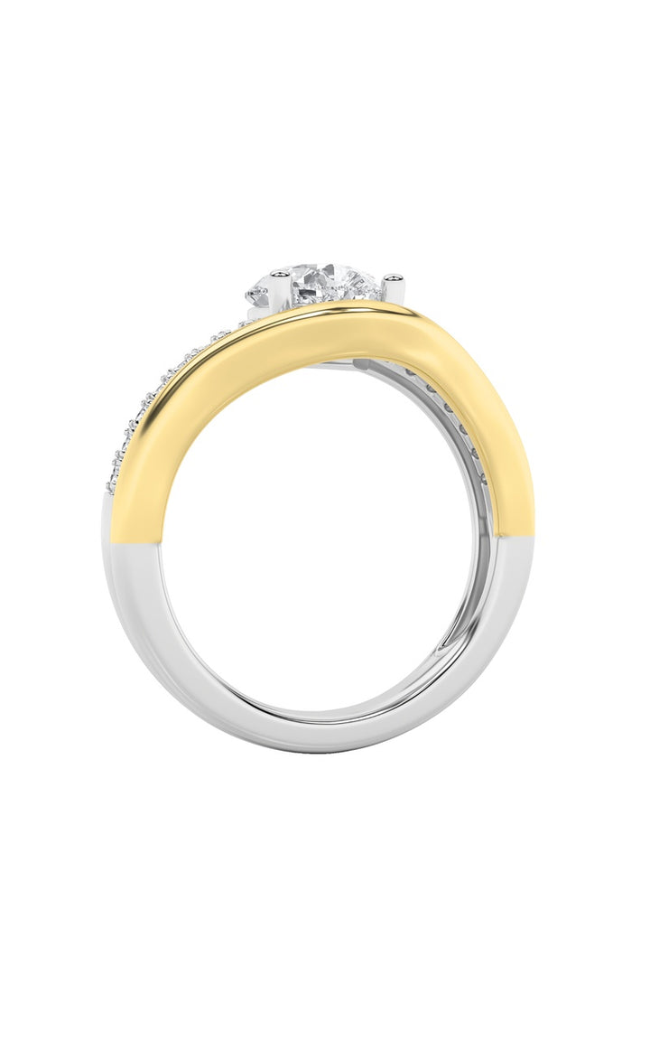2CTW Pear Shaped Lab Grown Diamond (F/VS) Two Tone Wave Inspired Engagement Ring in 14K Gold