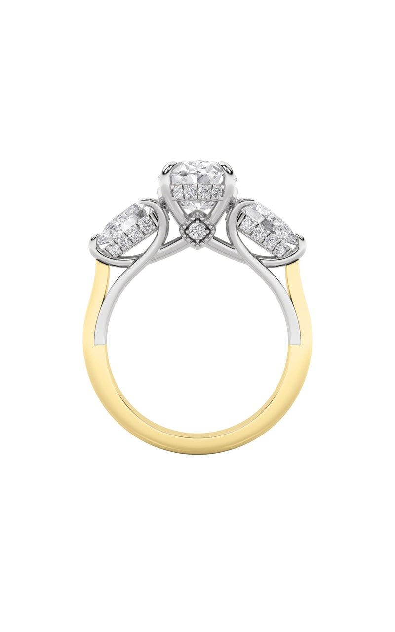 4Cttw Oval Shaped Lab Grown Diamond (F/VS) Accented Three Stone Ring in 14K Gold