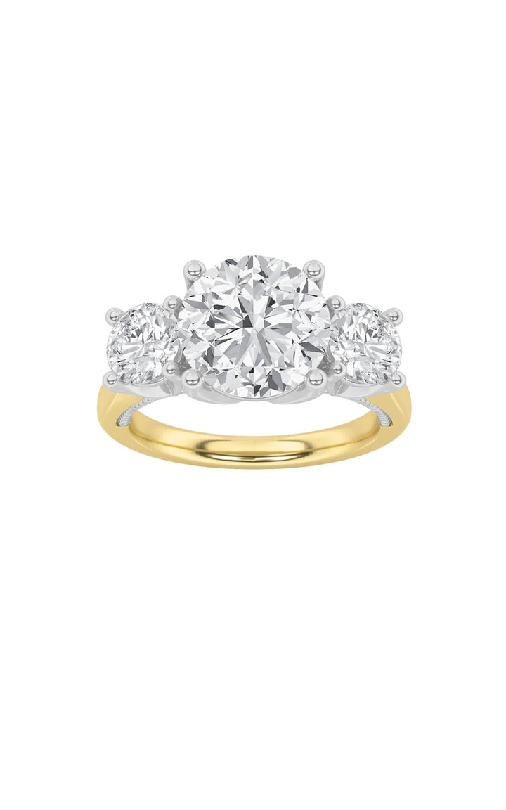 4Cttw Round Shaped Lab Grown Diamond (F/VS) Accented Three Stone Ring in 14K Gold