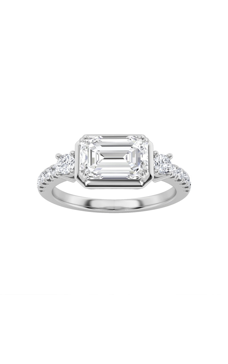 2Cttw Emerald Shaped Lab Grown Diamond (F/VS) EastWest Accented Three Stone Ring in 14K Gold