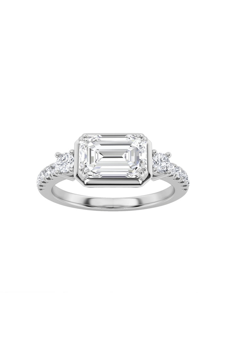 2Cttw Emerald Shaped Lab Grown Diamond (F/VS) EastWest Accented Three Stone Ring in 14K Gold