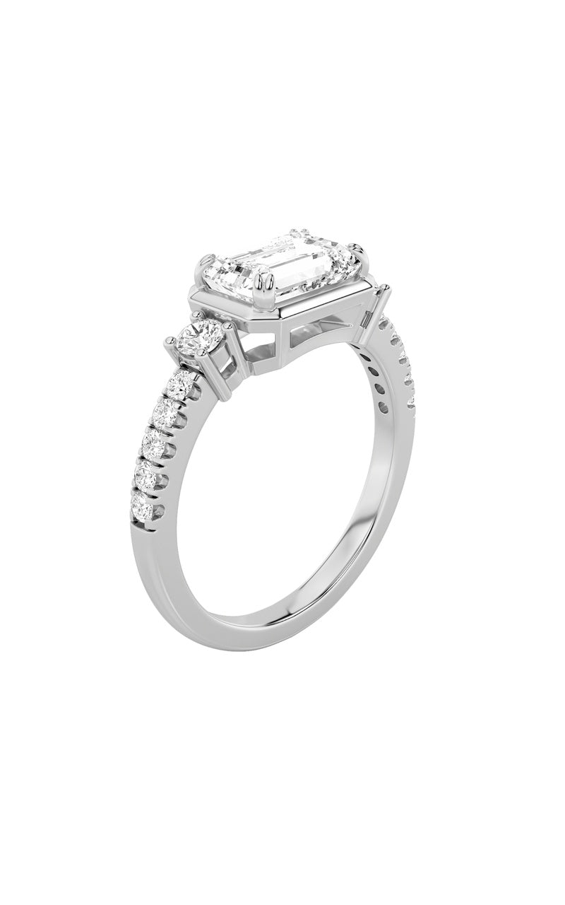 2Cttw Emerald Shaped Lab Grown Diamond (F/VS) EastWest Accented Three Stone Ring in 14K Gold