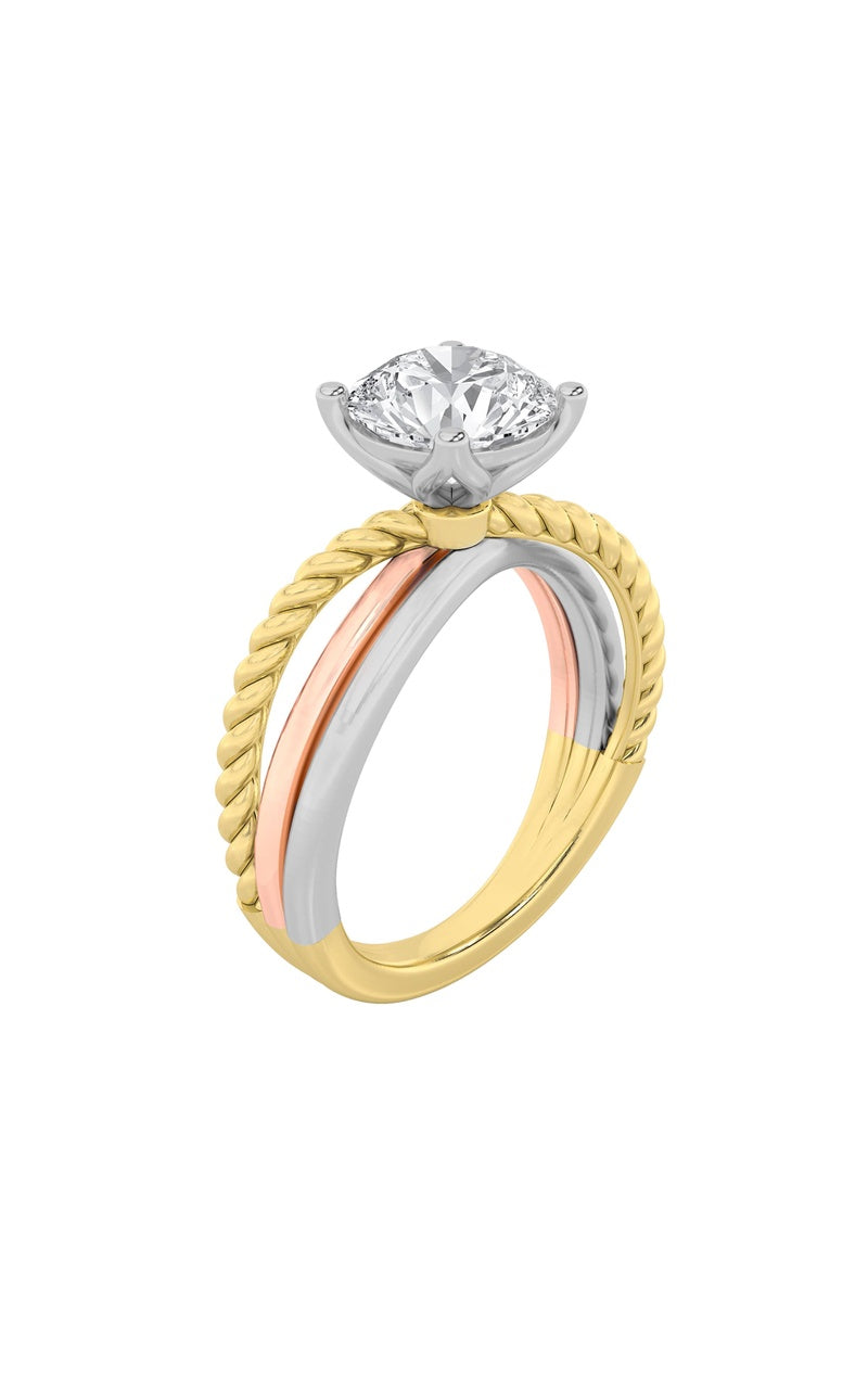 2Cttw Round Shaped Lab Grown Diamond (F/VS) Tri Color Solitaire Fancy Ring in 14K Gold
