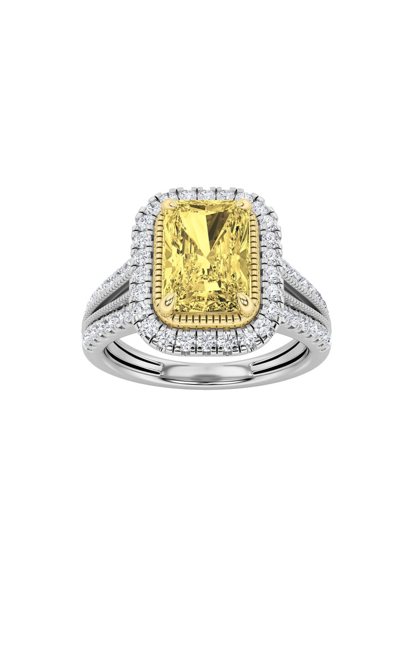 2.5Cttw Radiant Shaped Fancy Yellow Lab Grown Diamond (F/VS) Split Shank Halo Engagement Ring in 14KGold