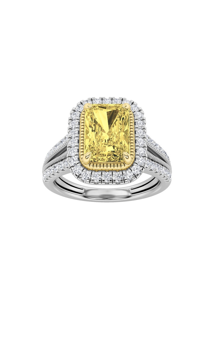 2.5Cttw Radiant Shaped Fancy Yellow Lab Grown Diamond (F/VS) Split Shank Halo Engagement Ring in 14KGold
