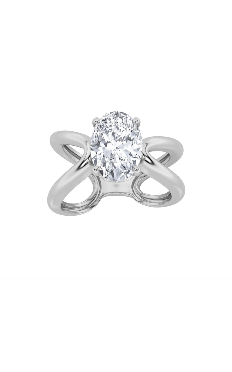 2CTW Oval Shaped Lab Grown Diamond (F/VS) Criss Cross Fancy Solitaire Ring in 14K Gold