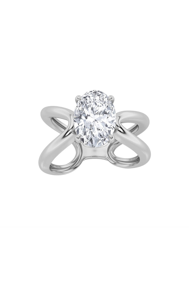 2CTW Oval Shaped Lab Grown Diamond (F/VS) Criss Cross Fancy Solitaire Ring in 14K Gold