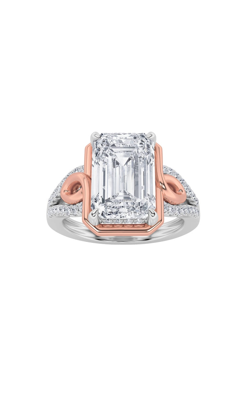 4.25CTW Emerald Shaped Lab Grown Diamond (F/VS) Bold Accented Two Tone Engagement Ring in 14K Gold