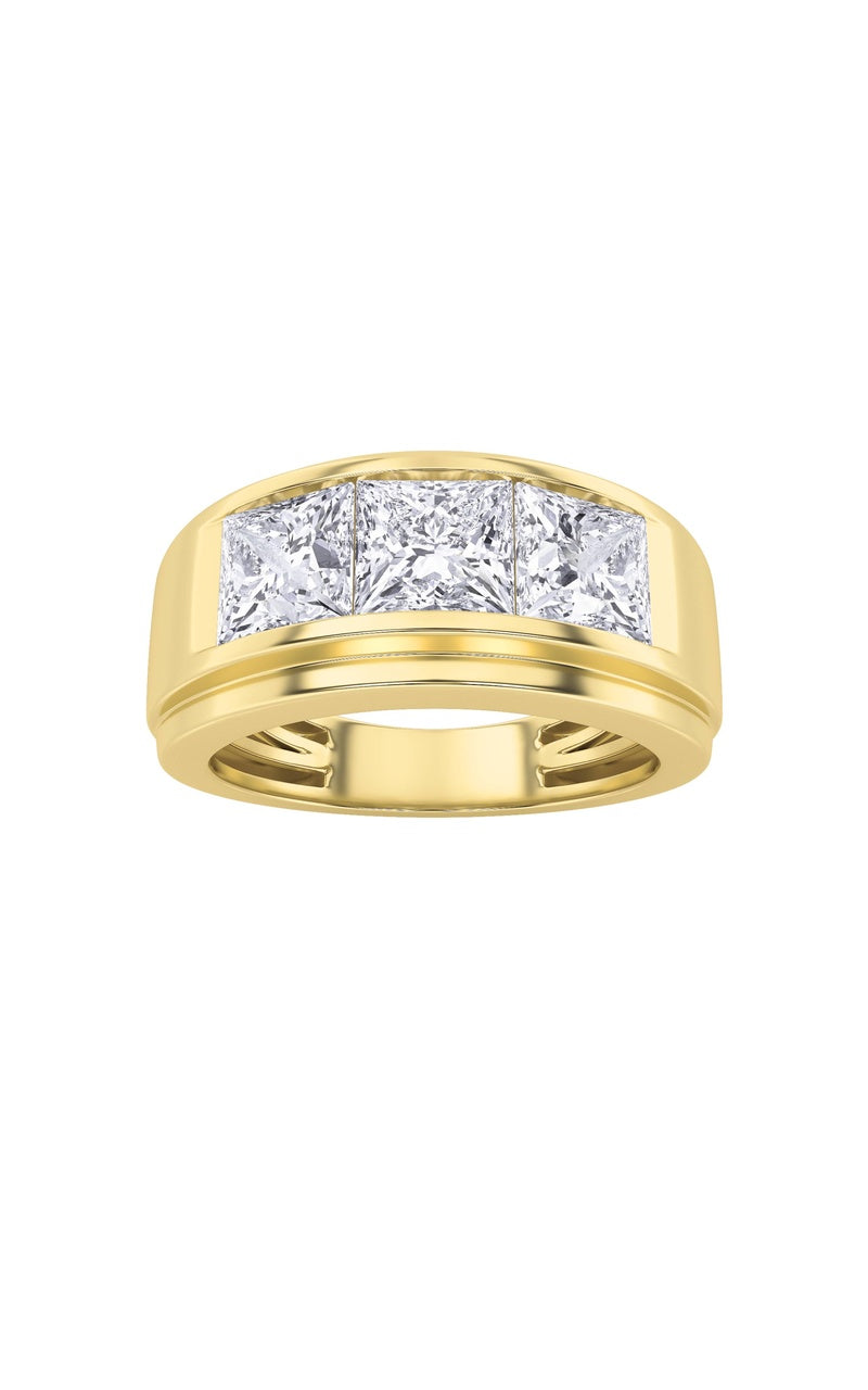 3CTW Princess Shaped Lab Grown Diamond (F/VS) Three Stone Channel Set Mens Ring in 14K Gold