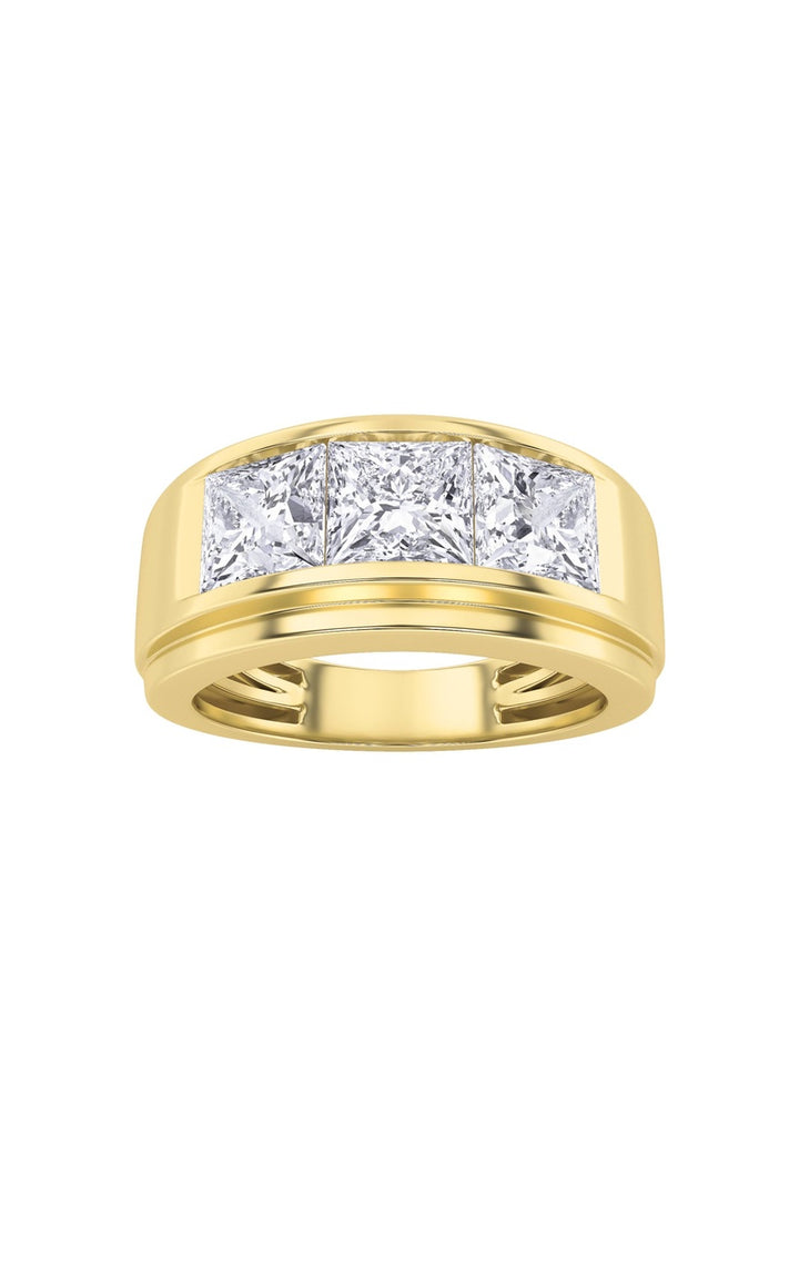 3CTW Princess Shaped Lab Grown Diamond (F/VS) Three Stone Channel Set Mens Ring in 14K Gold