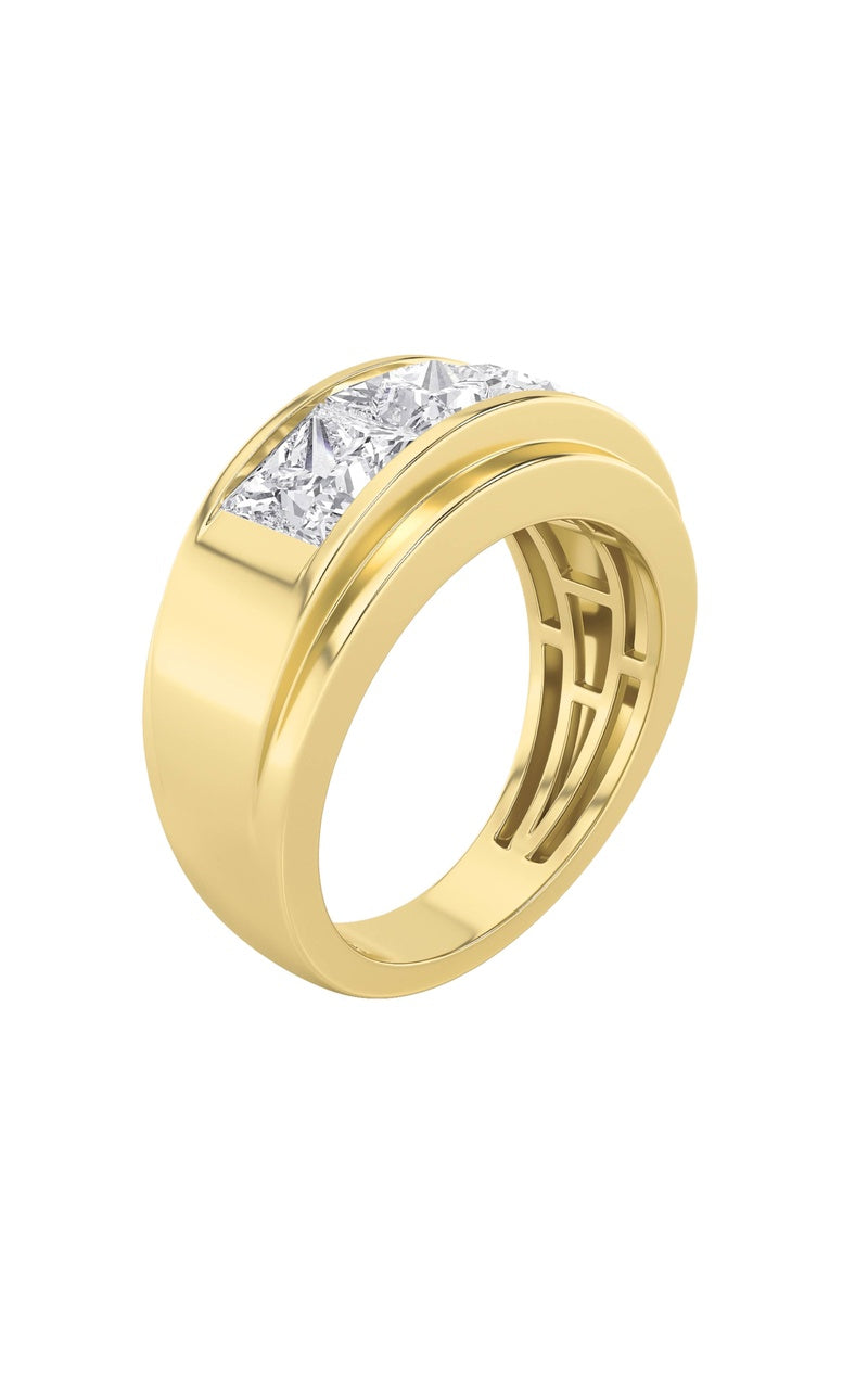 3Cttw Princess Shaped Lab Grown Diamond (F/VS) Three Stone Channel Set Mens Ring in 14K Gold