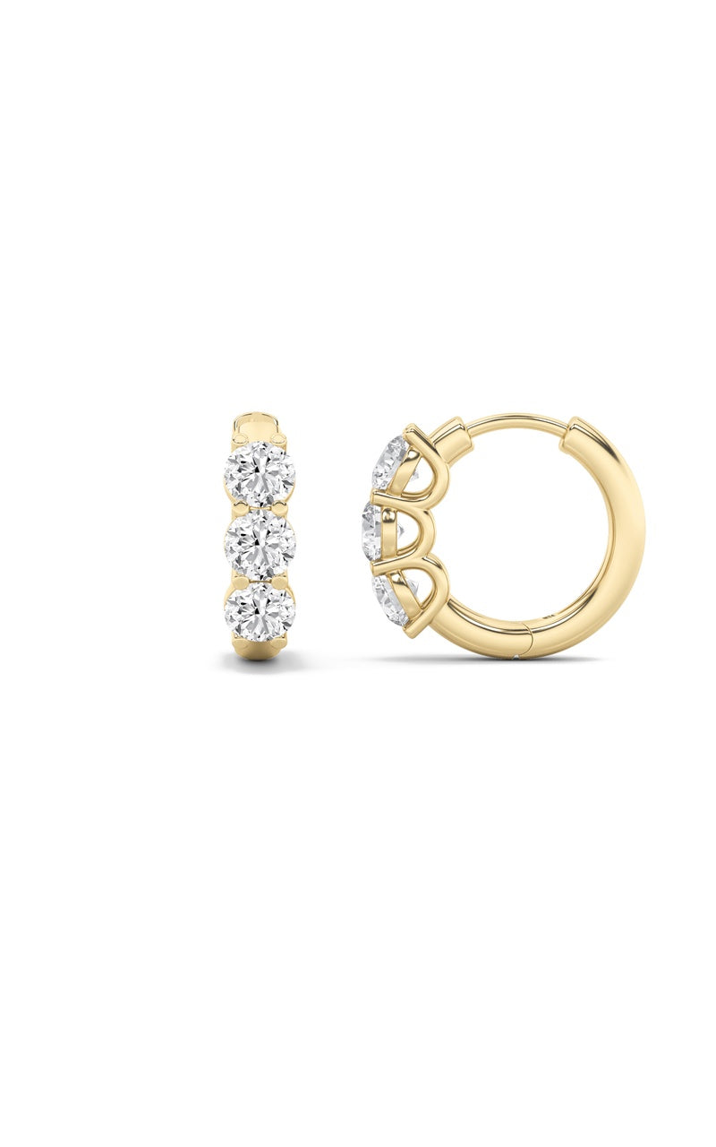 2CTW Round Shaped Lab Grown Diamond (G/VS) Three Stone Huggie Earrings in 10K Gold