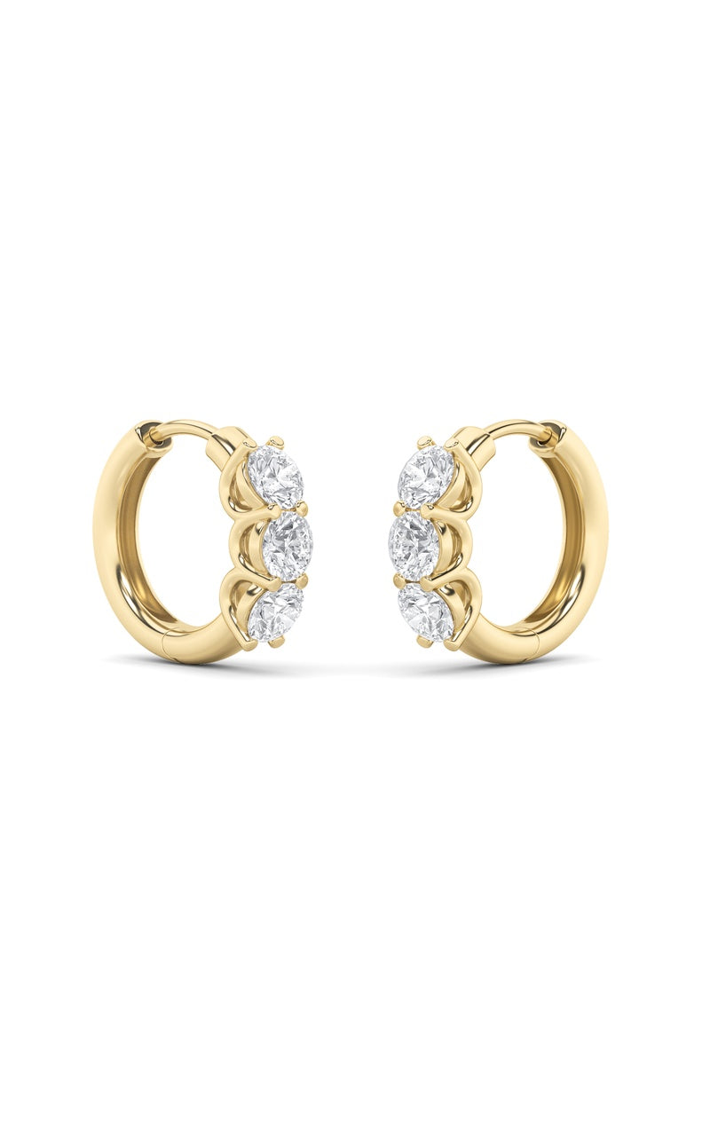 2CTW Round Shaped Lab Grown Diamond (G/VS) Three Stone Huggie Earrings in 10K Gold