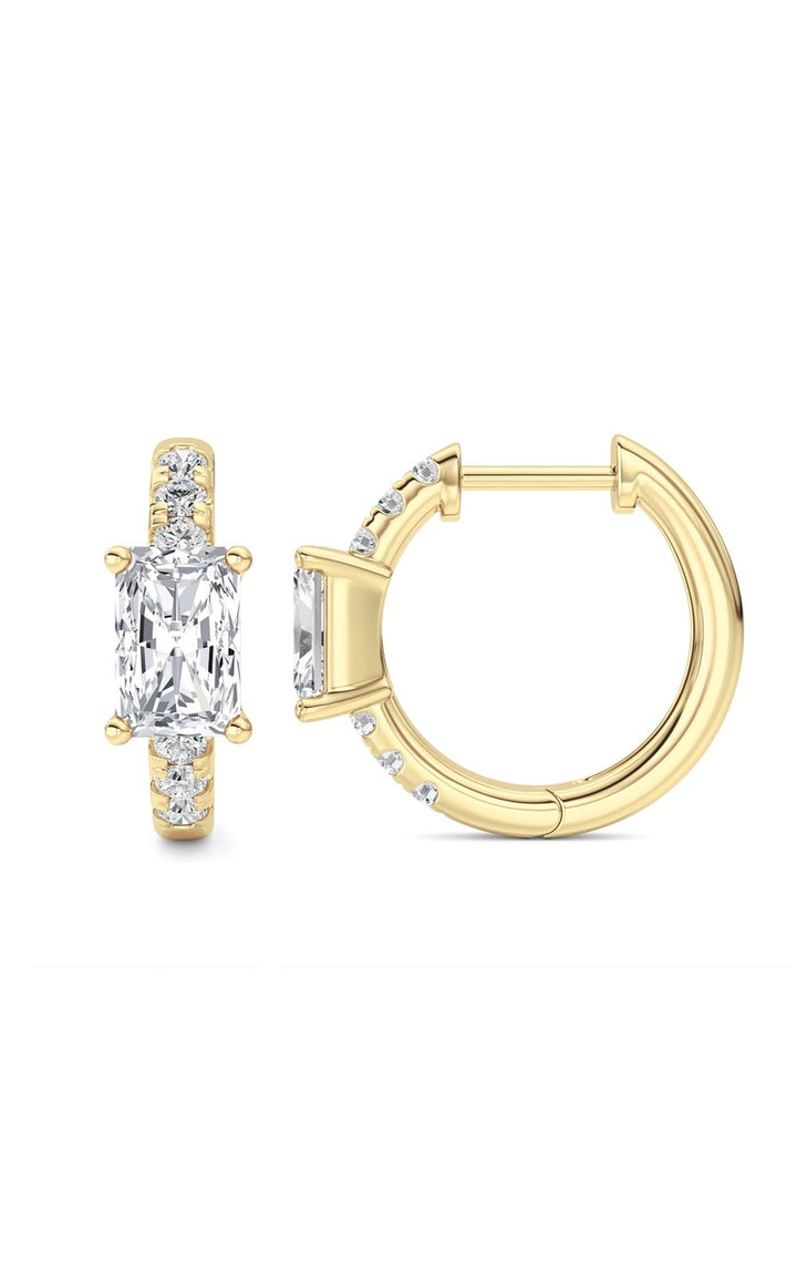 1.5Cttw Radiant Shaped Lab Grown Diamond (G/VS) Solitare Accent Huggie Earrings in 14K Gold