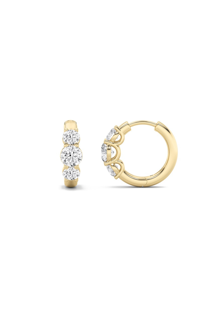 2CTW Round Shaped Lab Grown Diamond (F/VS) Three Stone Huggie Earrings in 10K Gold