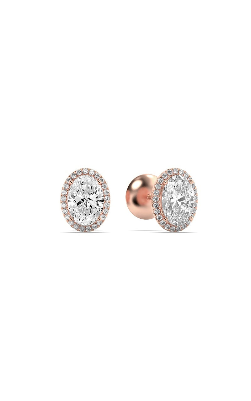 3CTW Oval Shaped Lab Grown Diamond (F/VS) Halo Stud Earrings in 14K Gold