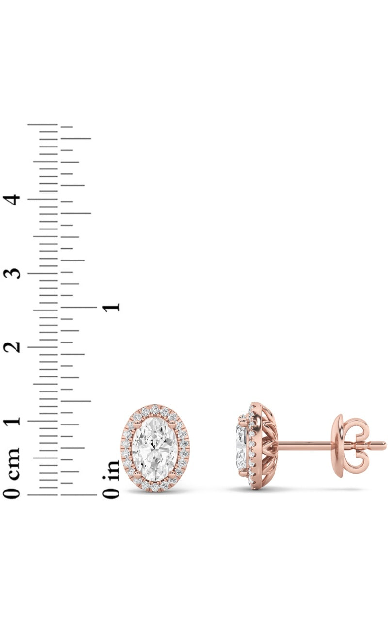 3Cttw Oval Shaped Lab Grown Diamond (F/VS) Halo Stud Earrings in 14K Gold